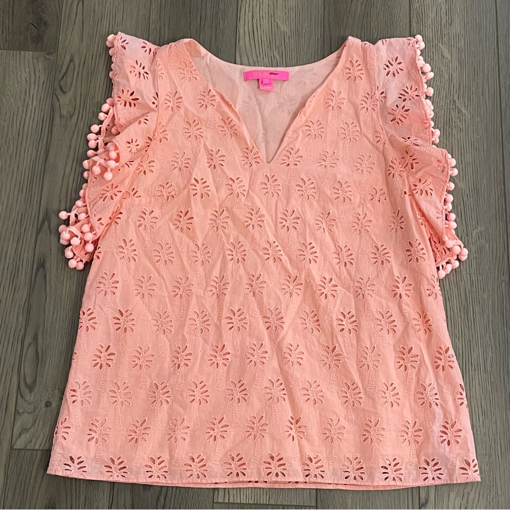 Lily Pulitzer Palm Tree Cut Out‎ Pom Pom Shirt